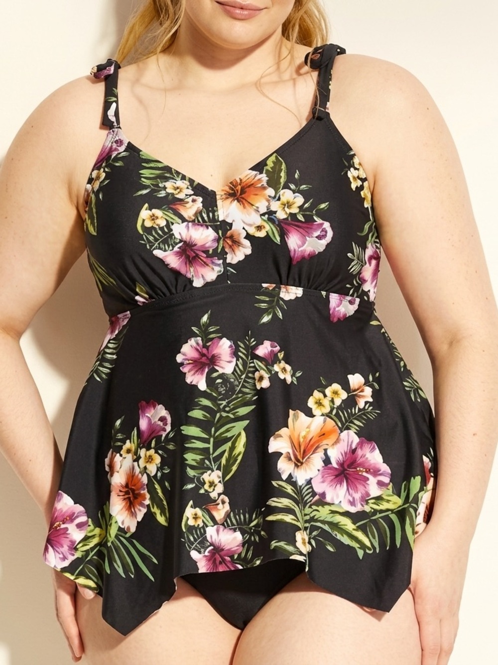 Kona Sol Plus Size 22W Swim Black Swim Top with Pink and Green Floral Accent